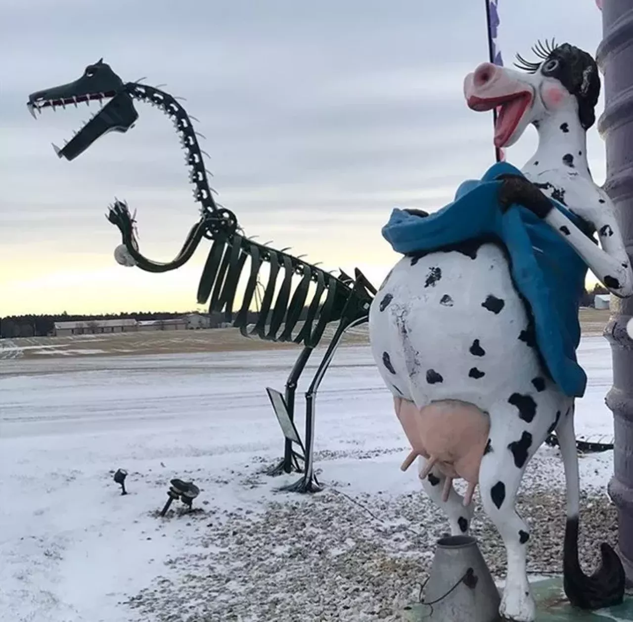 Naughty CowN9273 U.S. Hwy. 41 No this isn't a real cow, just a statue of a cow with a blue hat around its stomach. But this happy cow does look silly. This roadside attraction is part of a larger collection of crazy statues that sit outside of someone's property as a sort of advertisement. The statue is larger than a human and is utterly hilarious. Stop by Daggett, in the Upper Peninsula, to see all of the outrageous statues.
Photo via jtsortofbored / Instagram
