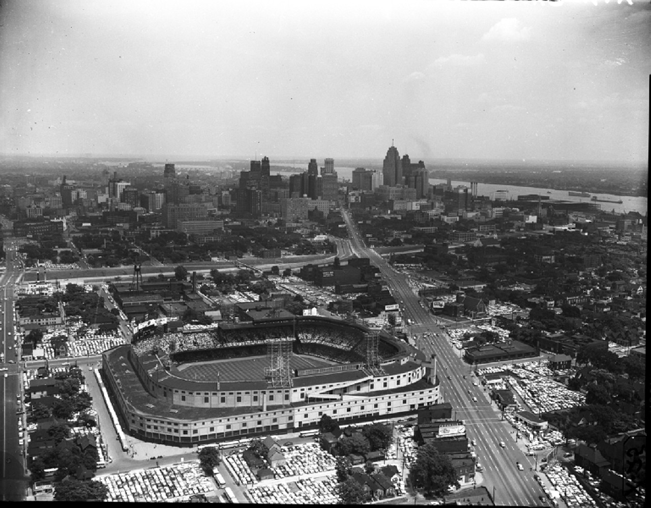 Aerial view of Briggs Stadium and the Detroit skyline, 1950s.