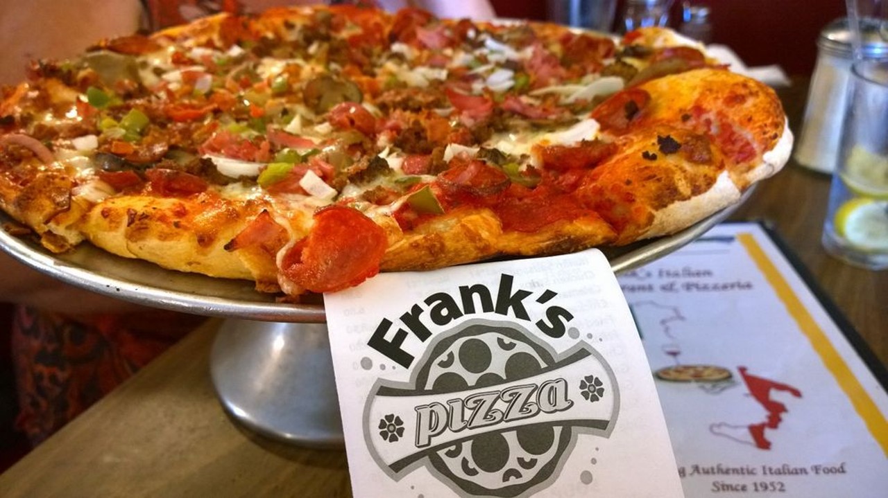 Frank's Pizzeria & Restaurant
3144 Biddle Ave., Wyandotte; 734-282-0512
Frank's Restaurant has been a family restaurant for three generations and the downtown Wyandotte spot is still going strong today. They serve excellent pies &#151; with the kind of pepperoni that curls into a little grease-filled bowl &#151; and even has a pizza burger. The pizzeria also serves beer, wine, and booze. 
Photo via Yelp user Al P.