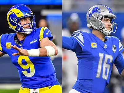 Trading places: Former Detroit Lions quarterback Matthew Stafford (left) and the L.A. Rams are in Detroit tonight to take on former Rams QB Jared Goff and the Lions in the team’s first-ever playoff game at Ford Field.