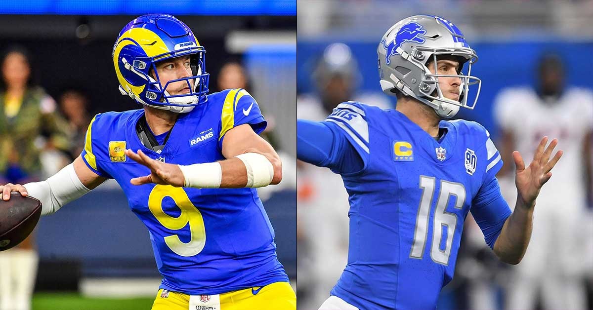 Trading places: Former Detroit Lions quarterback Matthew Stafford (left) and the L.A. Rams are in Detroit tonight to take on former Rams QB Jared Goff and the Lions in the team’s first-ever playoff game at Ford Field.