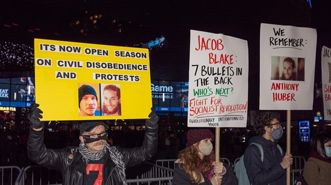 Demonstrators gathered outside the Barclays Center in Brooklyn to protest the verdict in the trial of Kyle Rittenhouse.