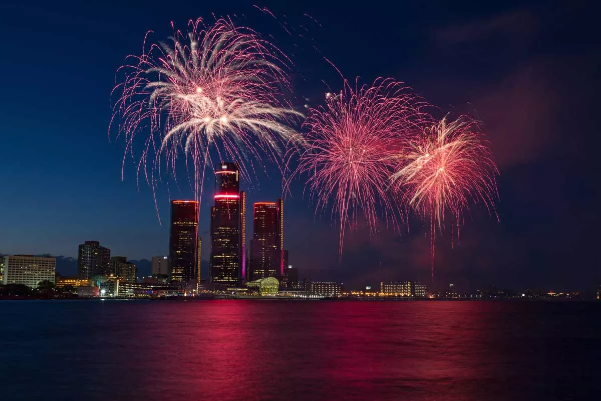 Image: The Ford Fireworks light up over the Detroit River.