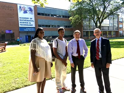 Left to right: Osborn college adviser Andrea Jackson, Jamarria Hall, Public Counsel’s Mark Rosenbaum, and co-counsel Mike Kelley in front of Osborn High School.