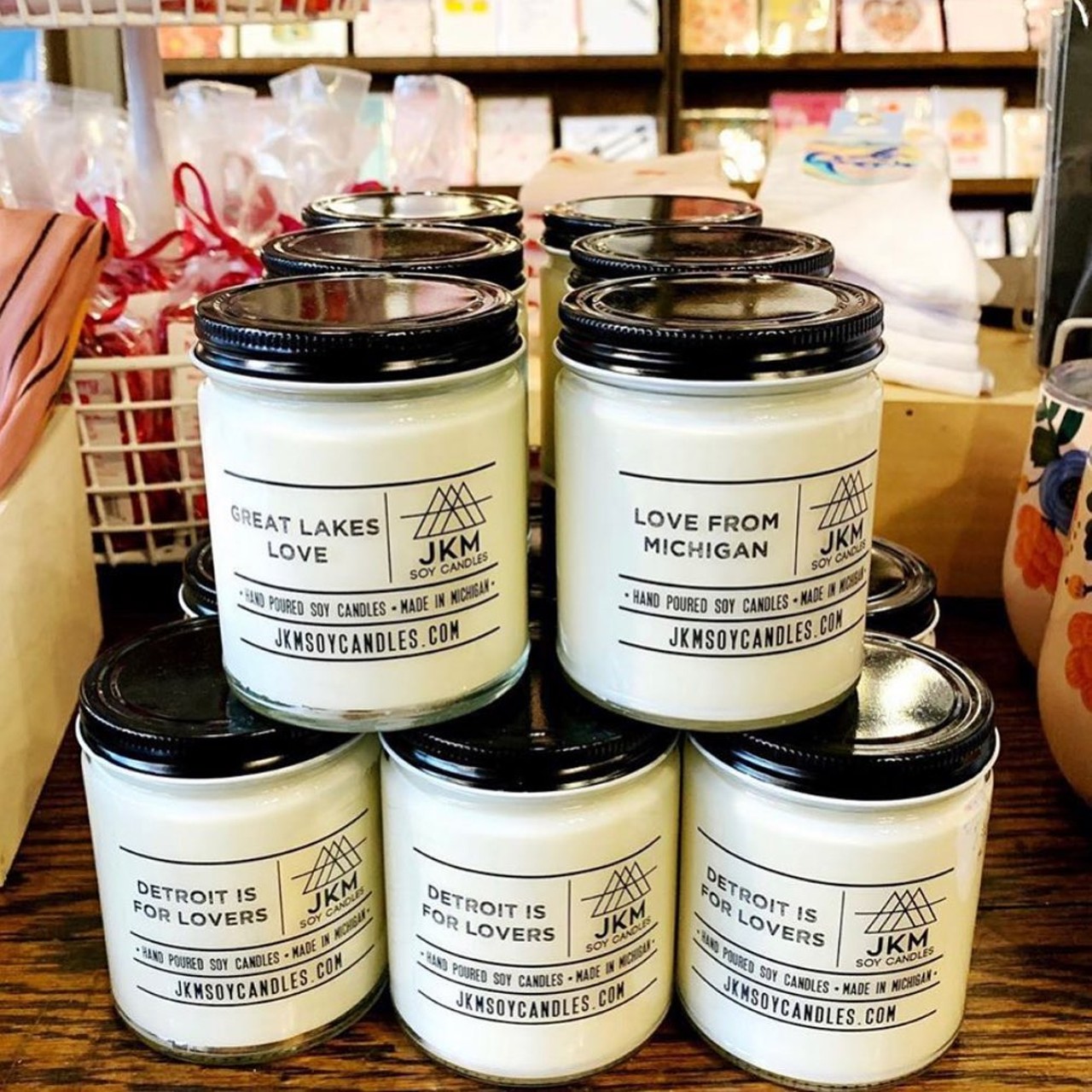 JKM Candles 
Wyandotte; 734-649-5053 
Nearly eight years ago stay-at-home mom Jenny Rostkowski started JKM Candles, and we are so glad she did. Some of our favorite scents include Butt Naked, Toasted Marshmallow, Vernor&#146;s, Domestic Goddess, and her Harry Potter-themed collection. Her candles are sold around town at shops like Kitty Deluxe, City Bird, The Eyrie, and Well Done Goods.
Photo via JKM Soy Candles / Facebook 